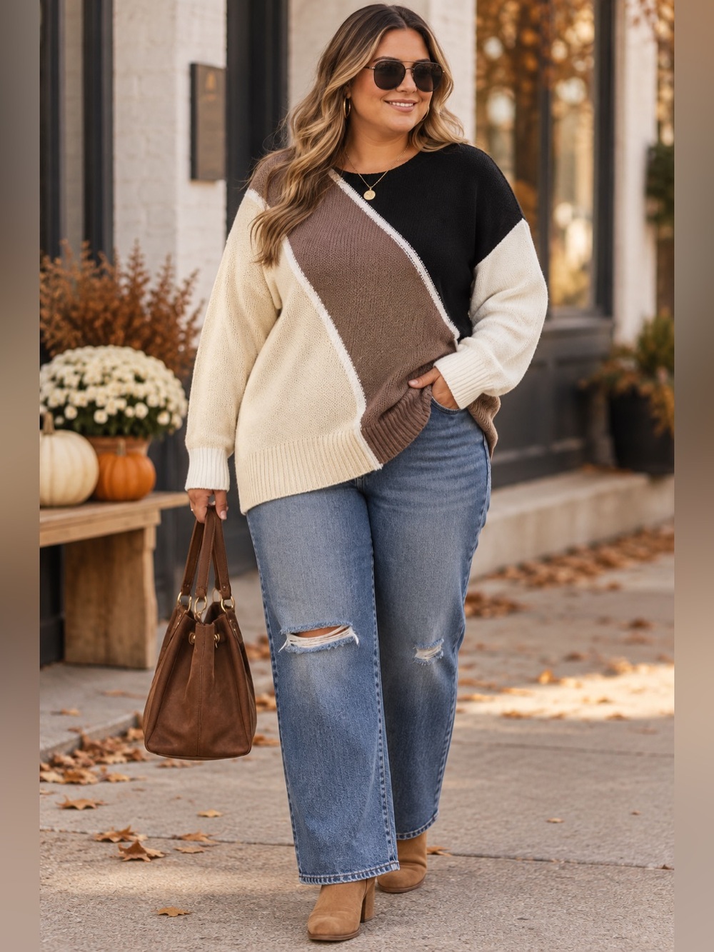 Andree Colorblock Crew Neck Sweater Cream Brown Black Size 1X NWT